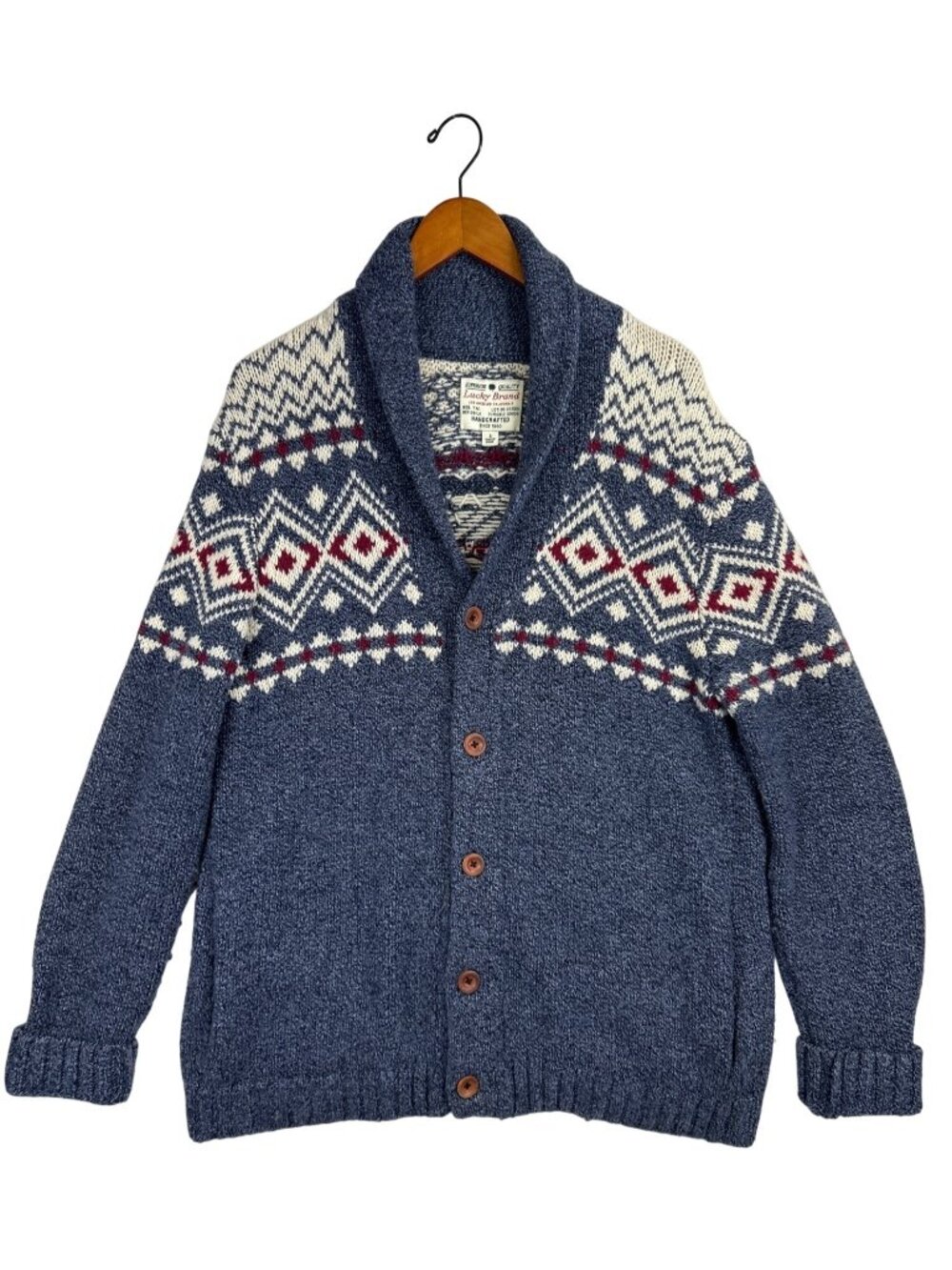 Lucky Brand Men's L Fair Isle Shawl Neck Cardigan Blue Wool Blend Sweater